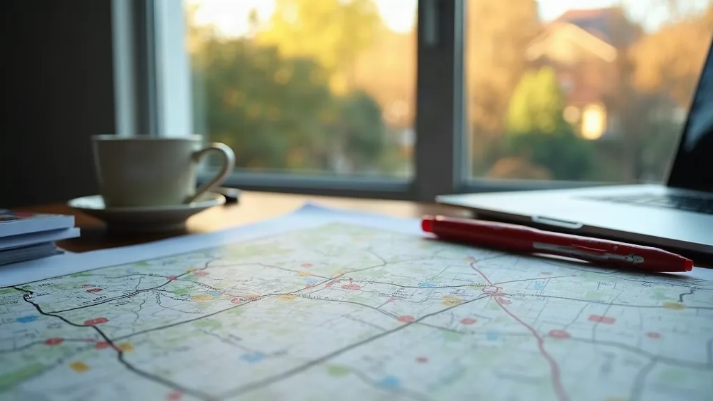 Houilles : quels quartiers éviter vraiment en 2026 ? Bureau d'agence immobilière avec plans de quartier et documents le matin