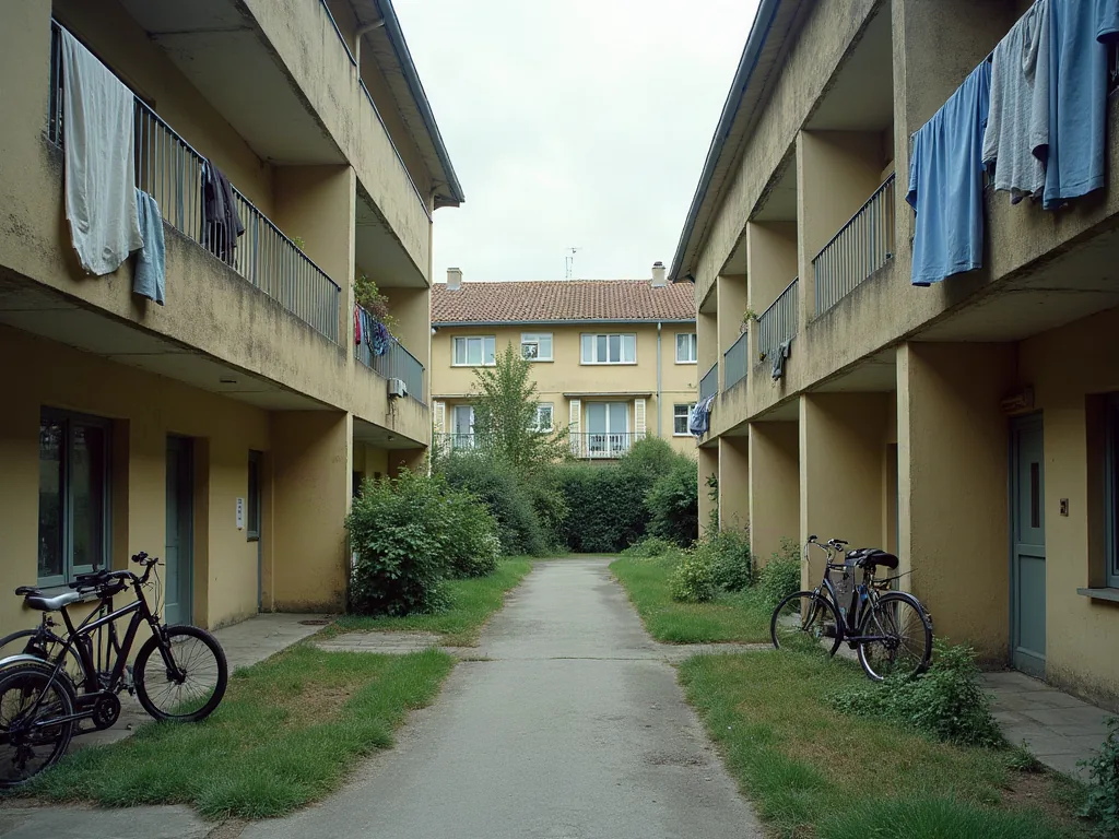 Cholet : quels quartiers éviter et pourquoi (guide 2026) Cour intérieure d'un ensemble de logements sociaux sous ciel couvert