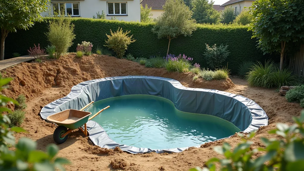 Créer un étang de moins de 1000 m² : quel prix en 2026 ? Étang en cours de création dans un jardin résidentiel avec bâche d'étanchéité