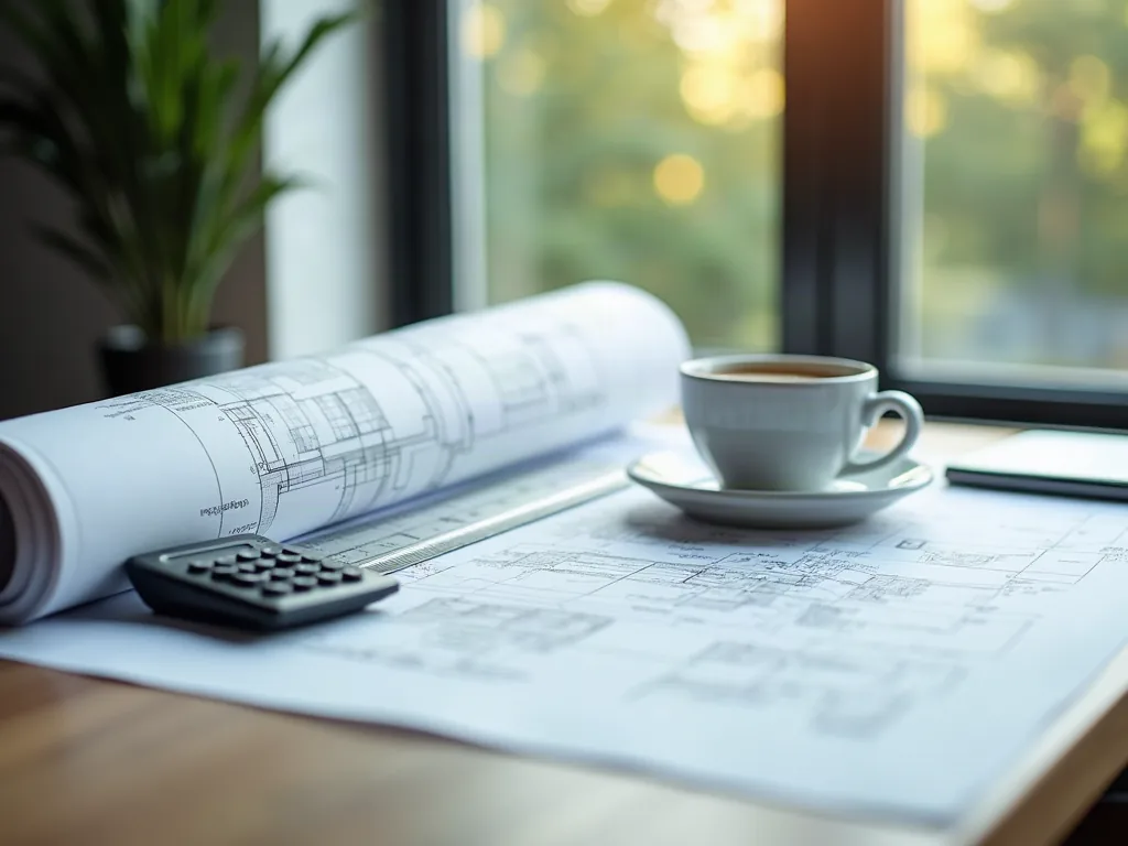Surface de plancher dans le Code de l'urbanisme : la définition qui change tout Plan de construction et mètre pliant sur un bureau d'architecte en après-midi