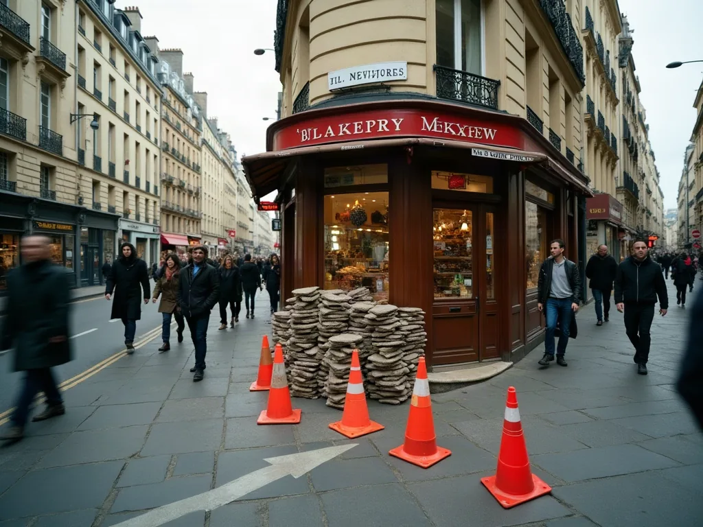 Travaux de voirie devant chez moi : ce que dit la loi et comment réagir Rue de quartier avec cônes de chantier et pavés empilés devant un commerce