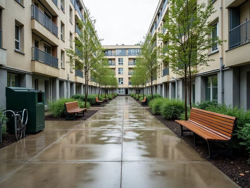 Quartiers de Rennes à éviter : ce que les chiffres disent vraiment Cour intérieure rénovée d'un quartier populaire après la pluie