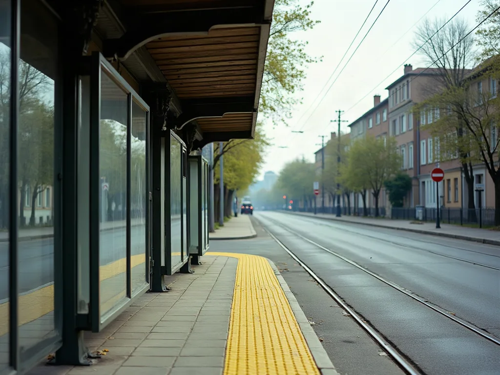Station de tramway dans un quartier résidentiel de Bron en journée